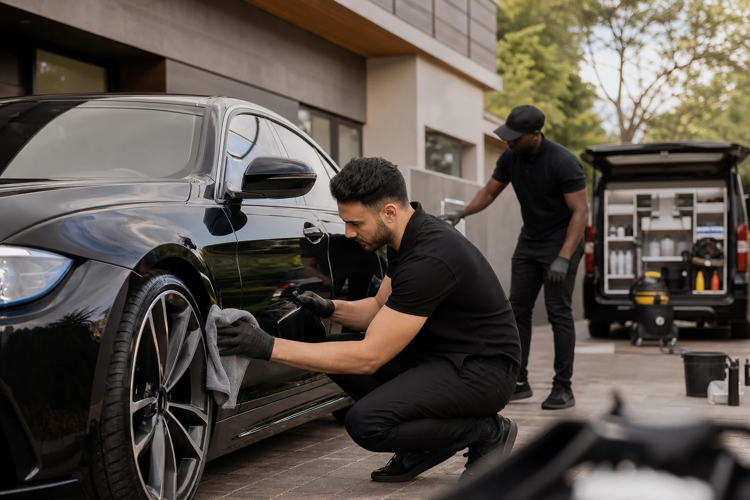 Glossy black vehicle finish after a detail