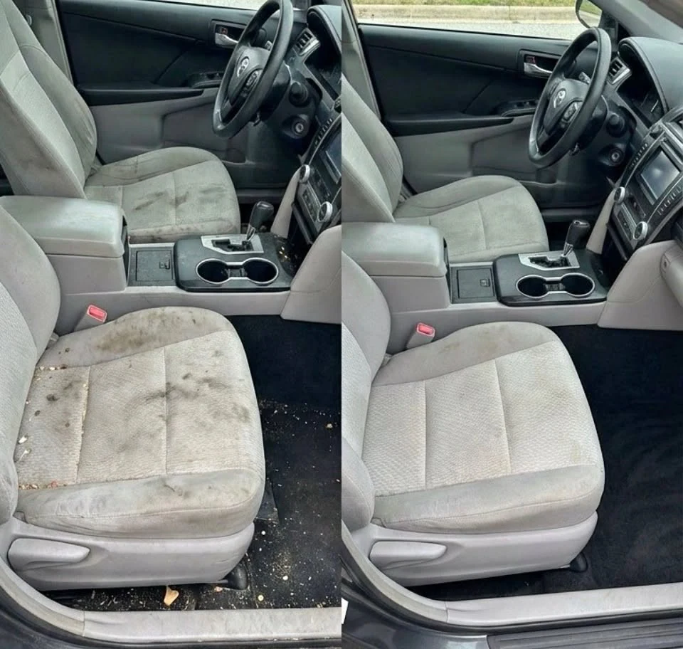 Front seat before and after comparison showing dirt removal and brighter fabric