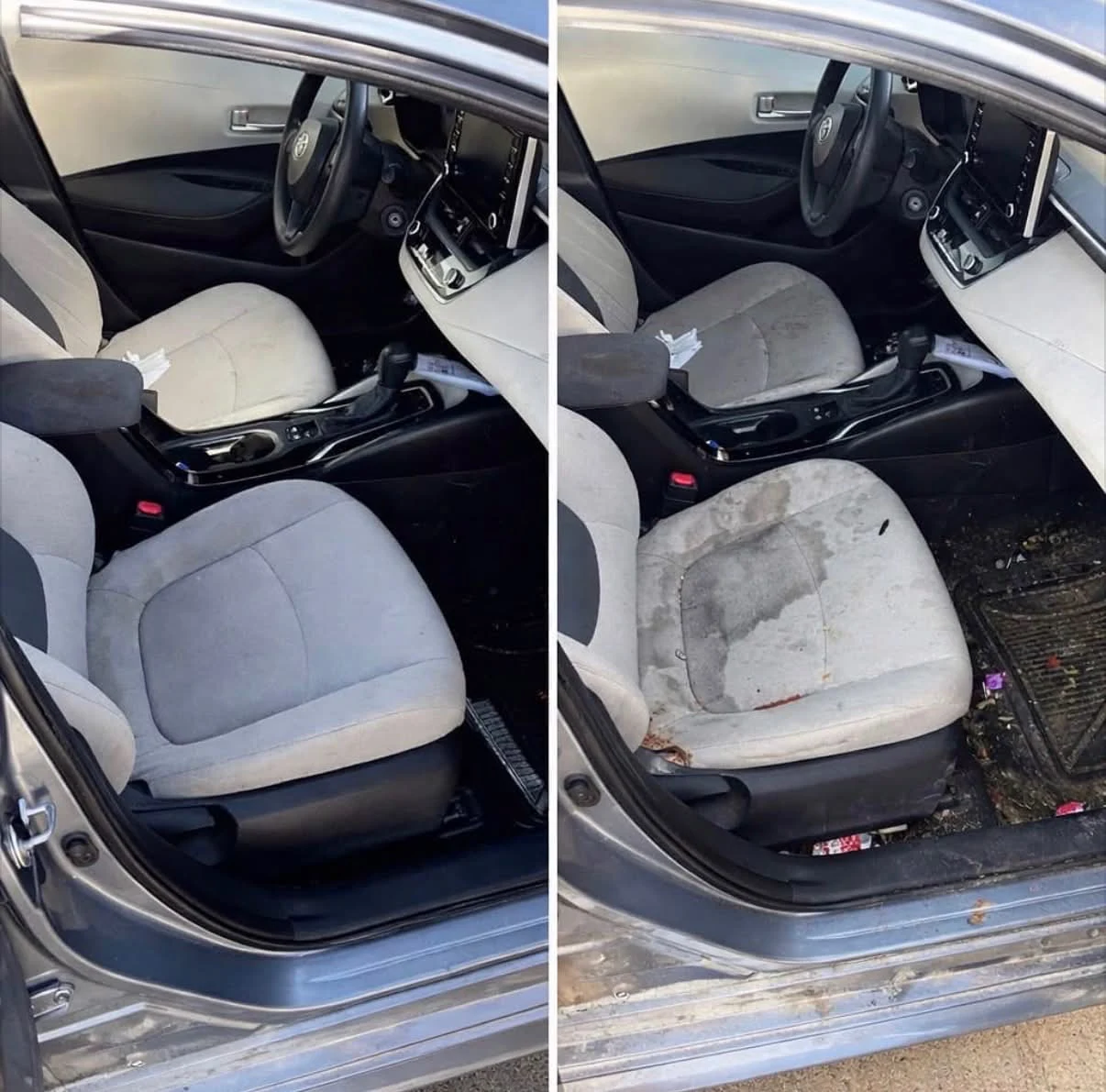 Front seat before and after interior extraction showing heavy staining cleaned out